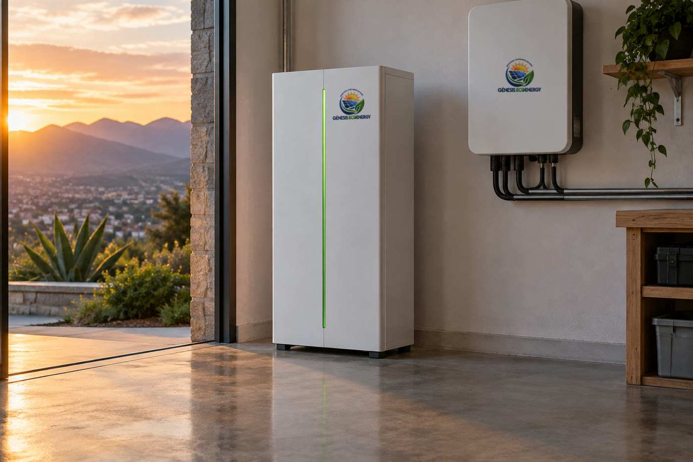 Gabinete de baterías con el logo de Génesis Ecoenergy junto a un inversor