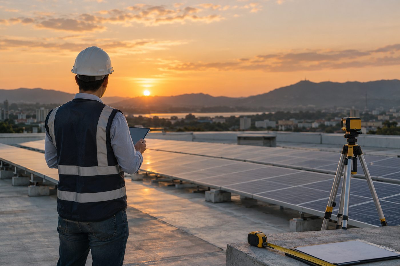 Técnico con casco y tableta evaluando una cubierta con paneles solares