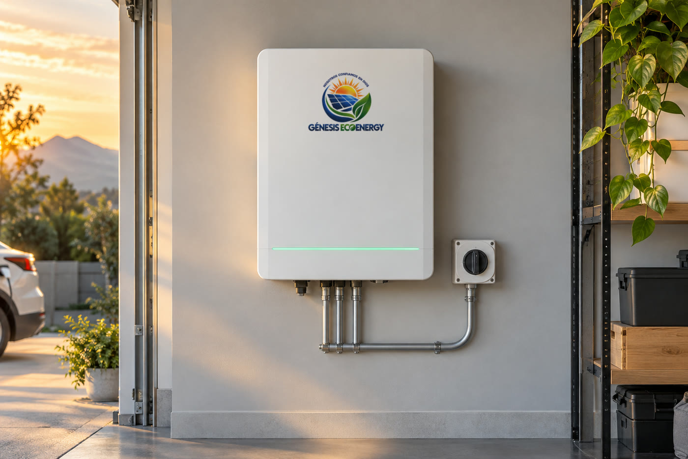 Inversor solar con el logo de Génesis Ecoenergy, instalado en una pared