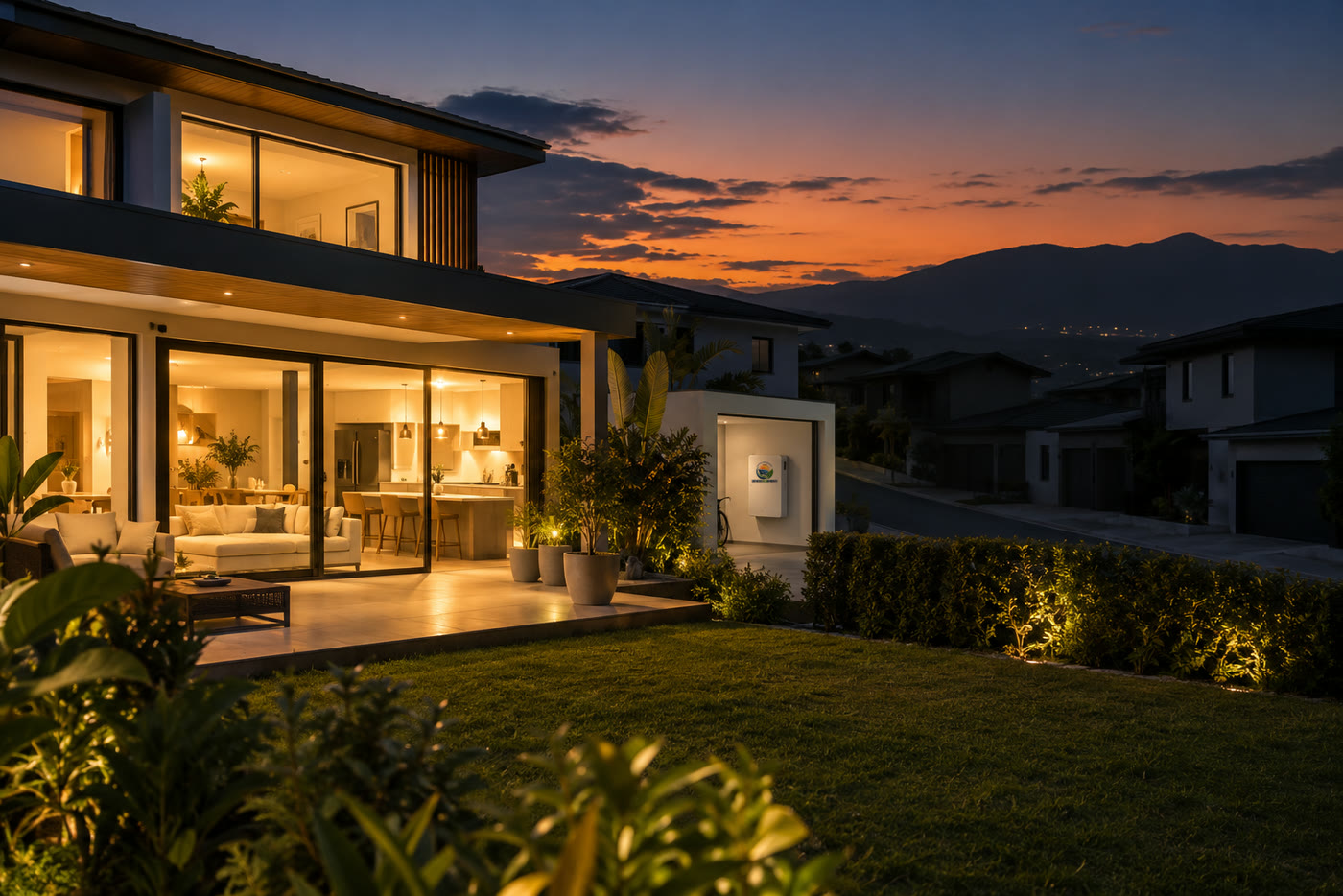 Vivienda iluminada al anochecer, con un equipo de respaldo con el logo de Génesis Ecoenergy en la pared