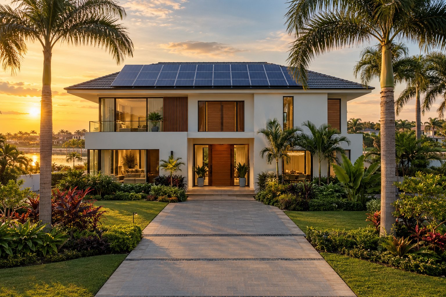 Casa de dos plantas con paneles solares en la cubierta, rodeada de palmeras