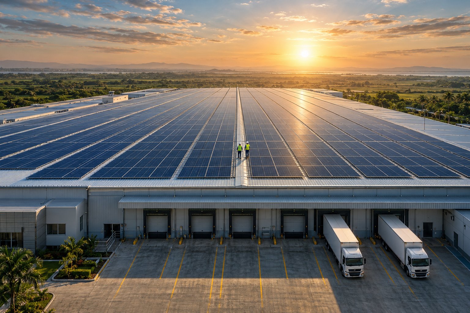 Nave industrial con la cubierta completamente ocupada por paneles solares
