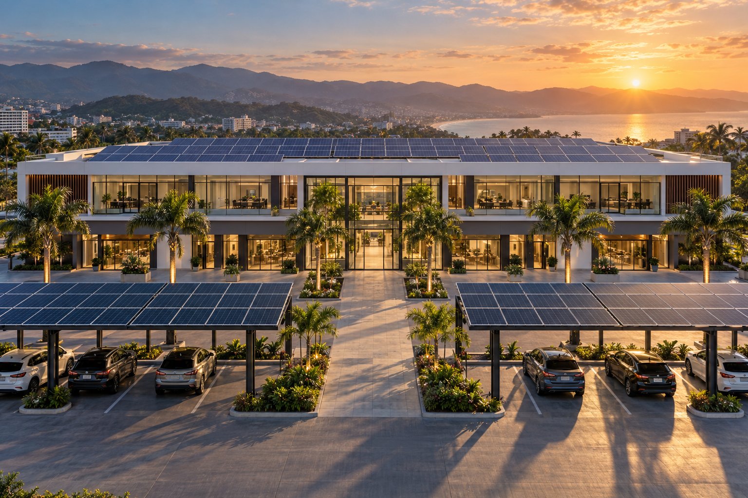Plaza comercial con paneles solares en la cubierta y en la marquesina del parqueadero