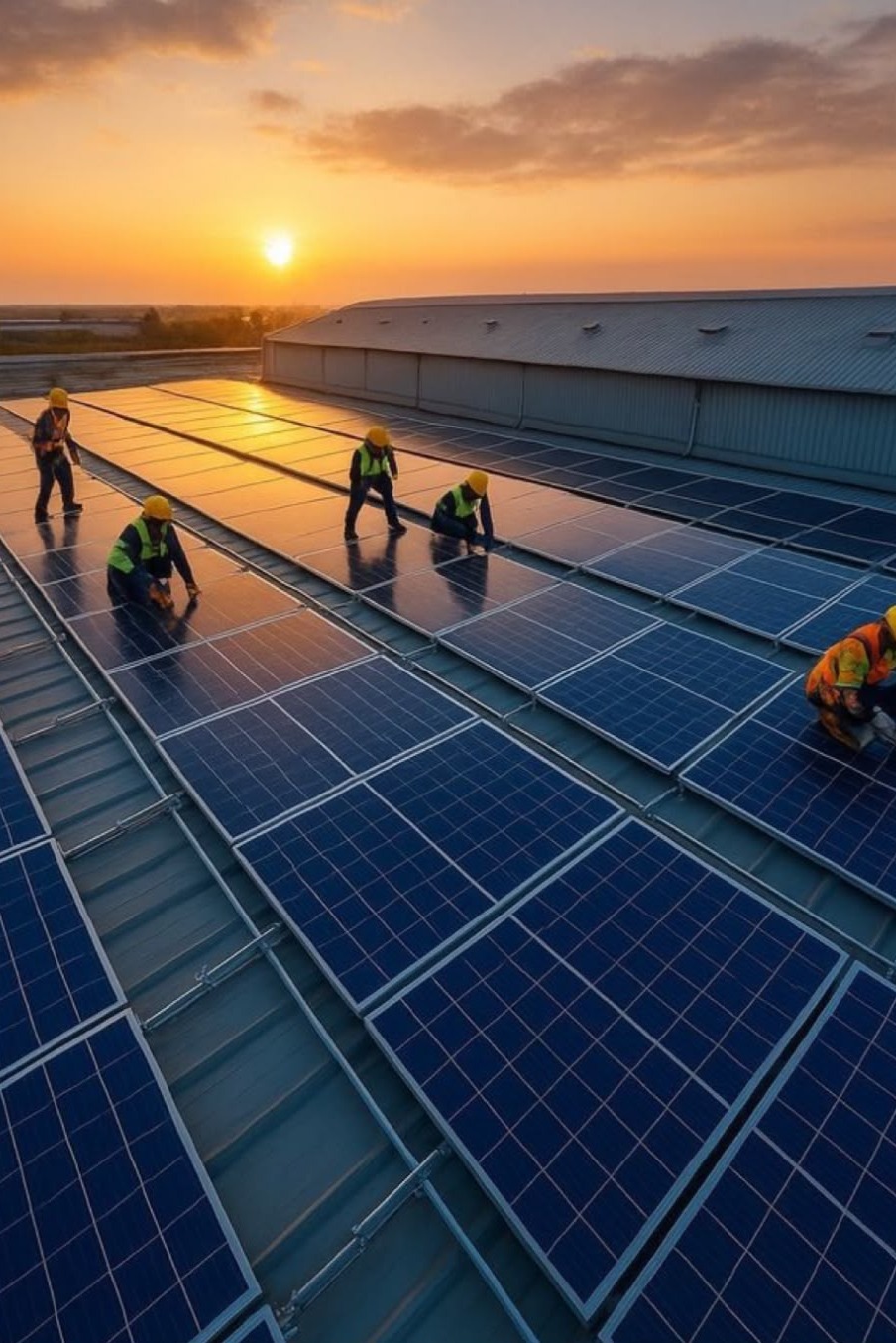 Equipo de instaladores trabajando sobre una cubierta con paneles solares al atardecer